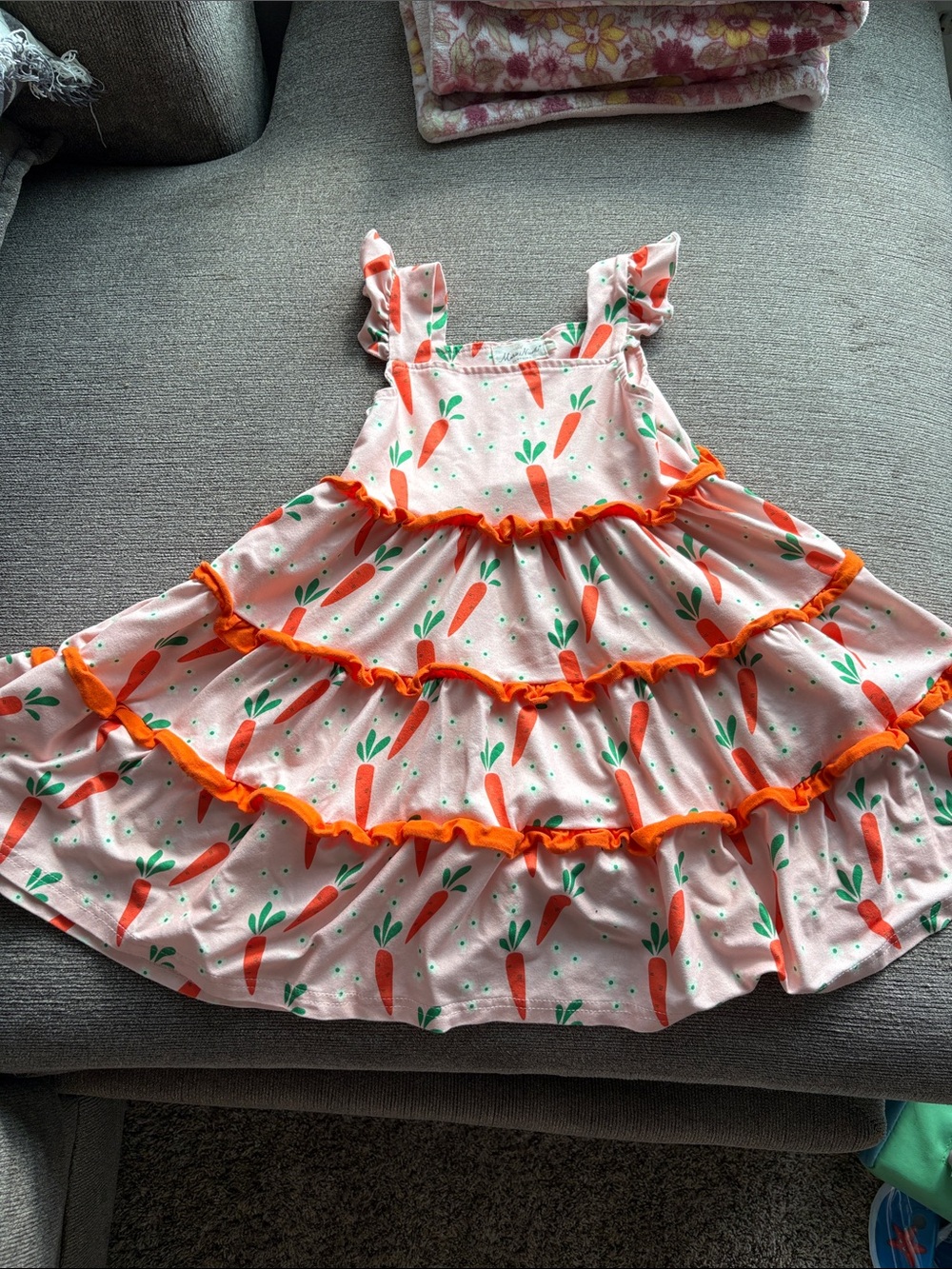 Girls Pink Carrot Print Tiered Dress with Orange Ruffle